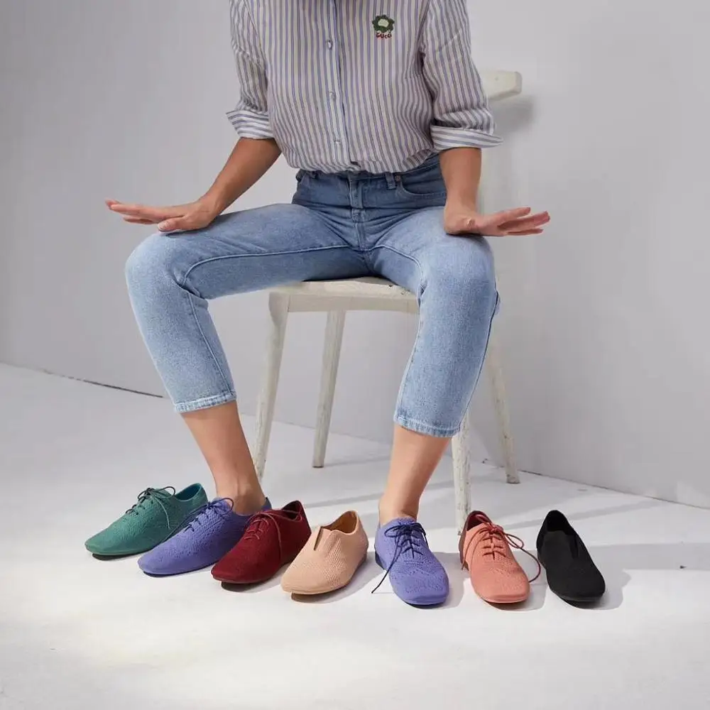 

Fashion Trend Solid Color Female Casual Flying Knit Flat Square Toe Shoes For Ladies, Picture