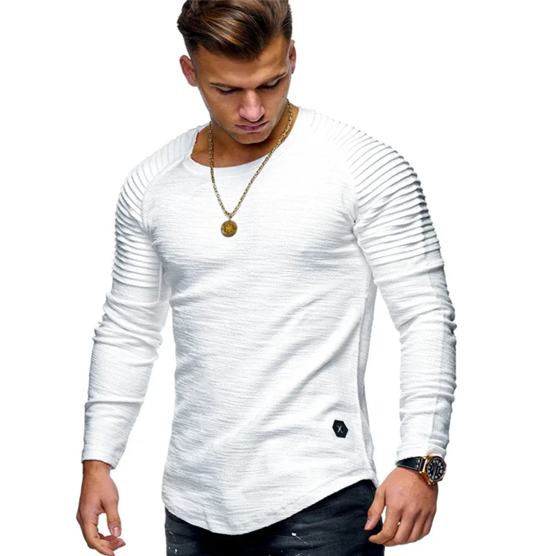 

Solid Color Pullover Long Sleeve Round Neck Casual Striped T Shirt men casual t shirt
