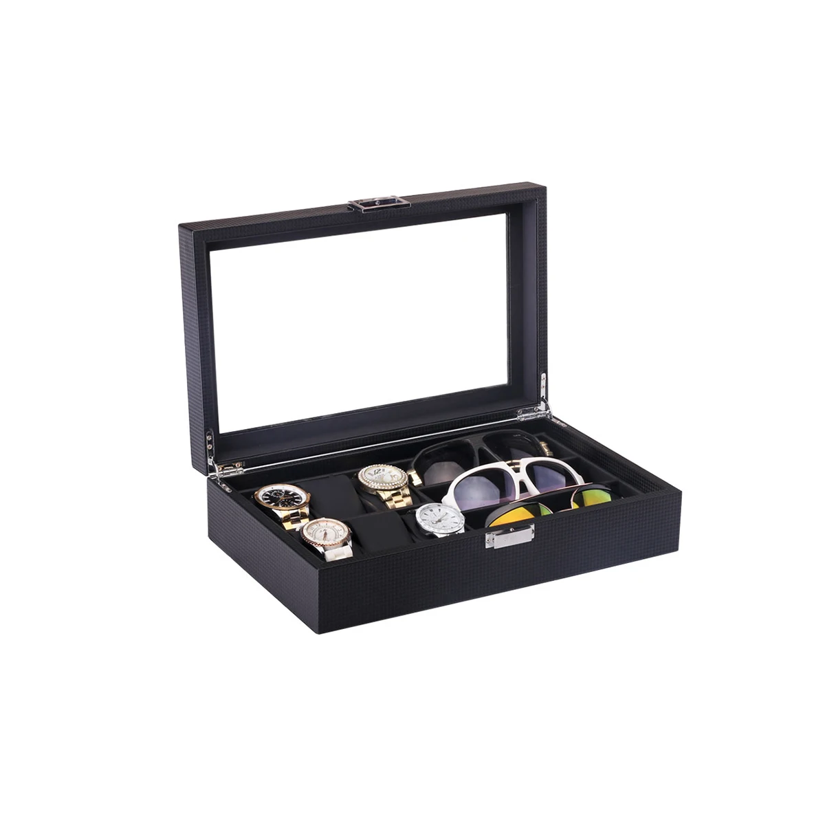 

High-Quality Leather 6 Slots Watch Box With 3 Slots Sunglass Compartment Black Watch Case