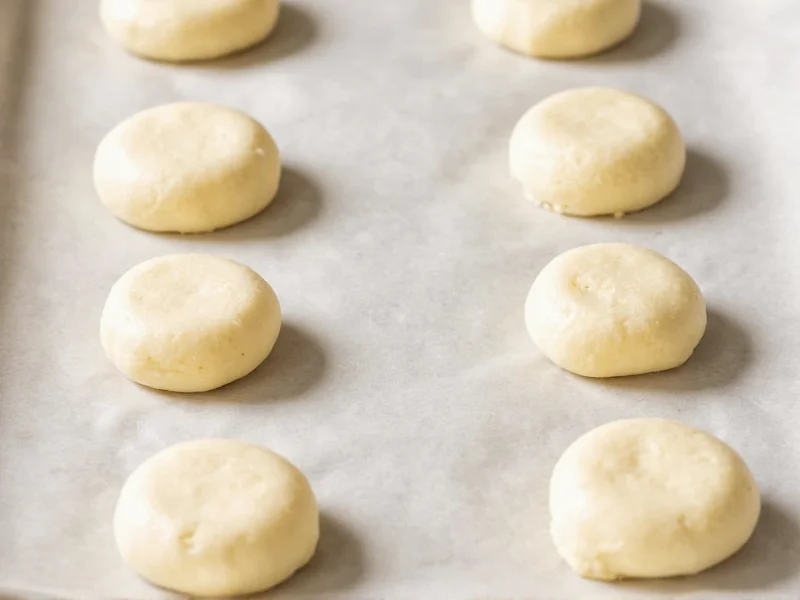 Homemade english muffin dough circles on parchment paper