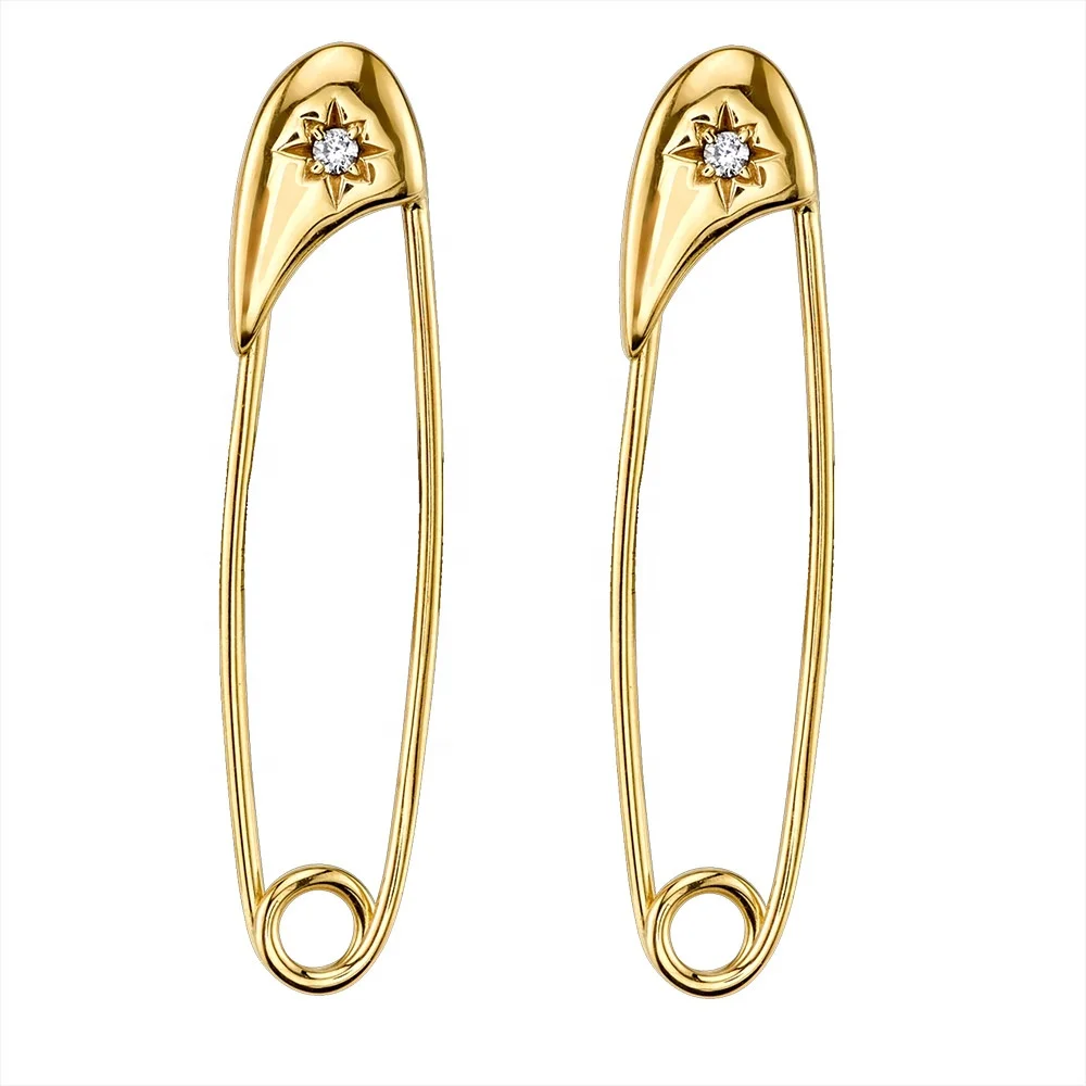 

FUAMAY Silver White CZ Zircon Diamond Star Safety Pin Earring Gold Plated Safety Pin Hoop Earrings