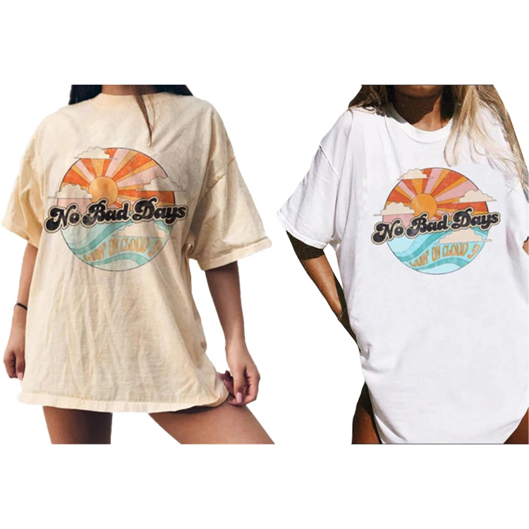 

Wholesale Custom Cotton Polyester Solid O-neck Drop Shoulder Unisex Oversize Machine Printing T-shirts For Women