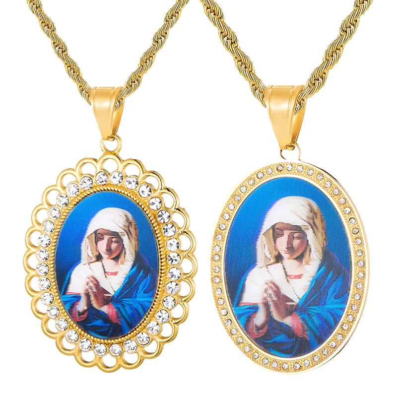 

Religious Real Gold Plated Stainless Steel Zircon Virgin Mary Necklace 3D CZ Virgin Mary Stainless Steel Necklace
