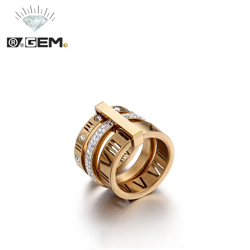 

R.GEM. 18K IP Gold Plated Roman Letters Stainless Steel Rings Jewelry Women
