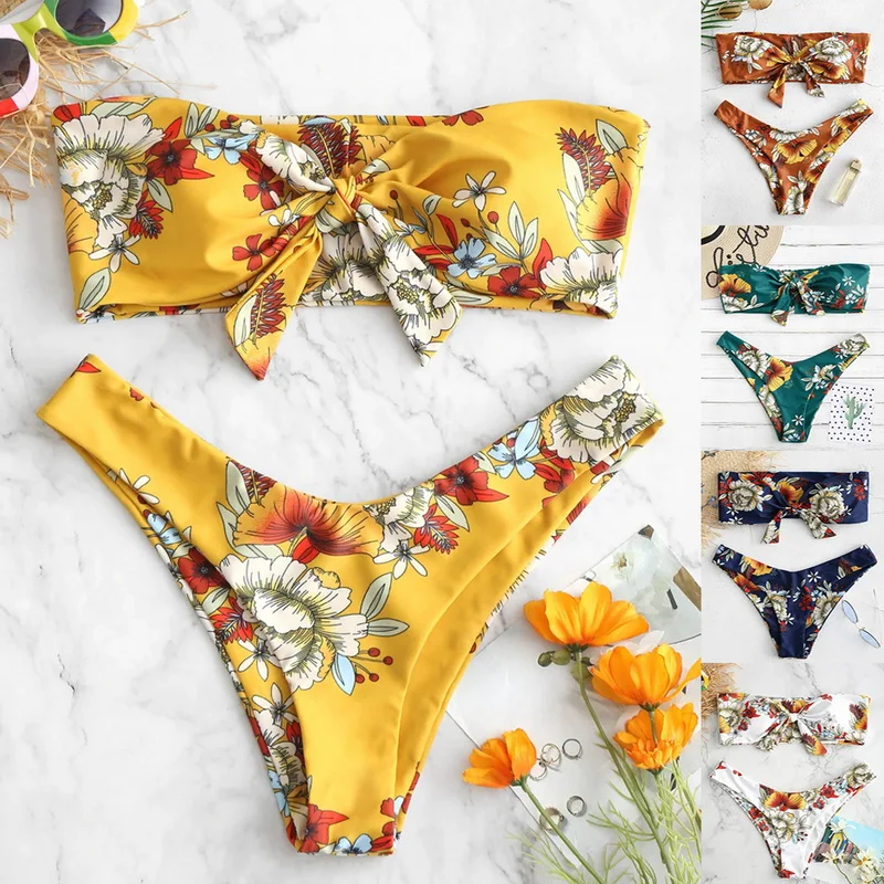 

Women's Bikini Set Strapless Bandeau with Floral Print Knot Swimsuit Bikini Set swimwear women sexy bikini, Yellow