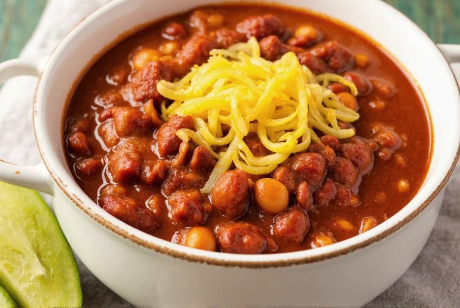 Homemade chili served in bowl with toppings