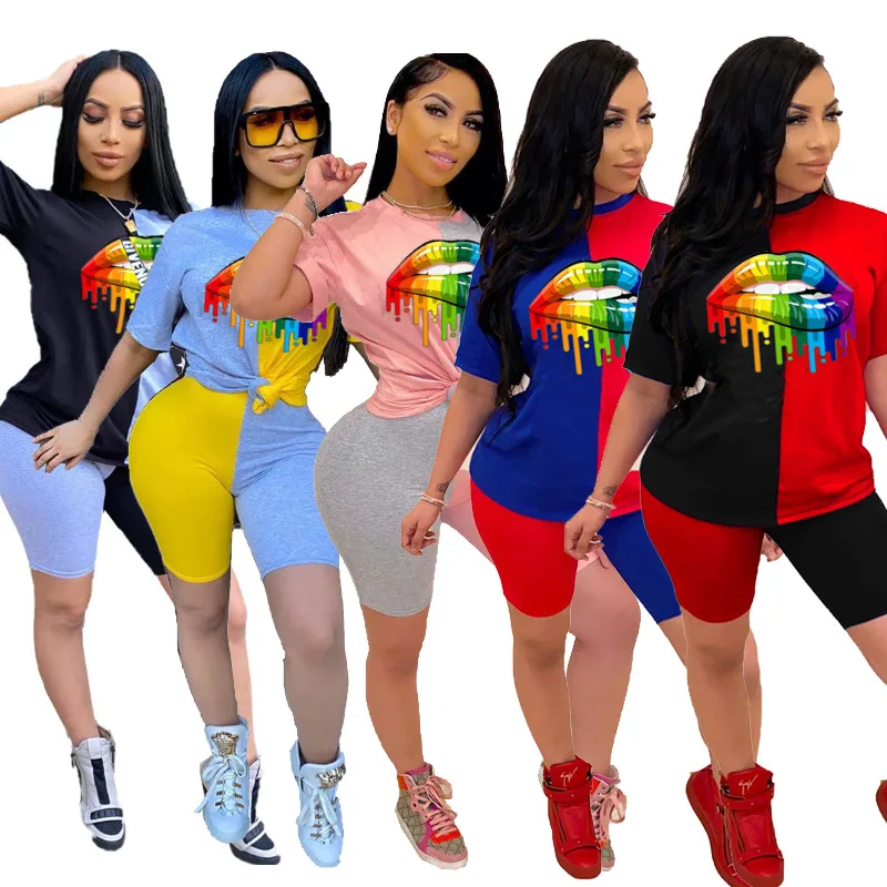 

Fashion casual color contrast lip print short sleeve two piece short set women clothing 2020, Blue black, blue yellow, pink gray, red blue, red black