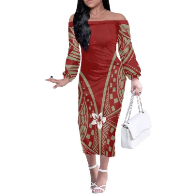 

Polynesian Samoan Tribal Design Custom 4XL Big Size Women's Wrap Dress Casual Party Pencil Dress Long Sleeve One Shoulder Dress, Customized color