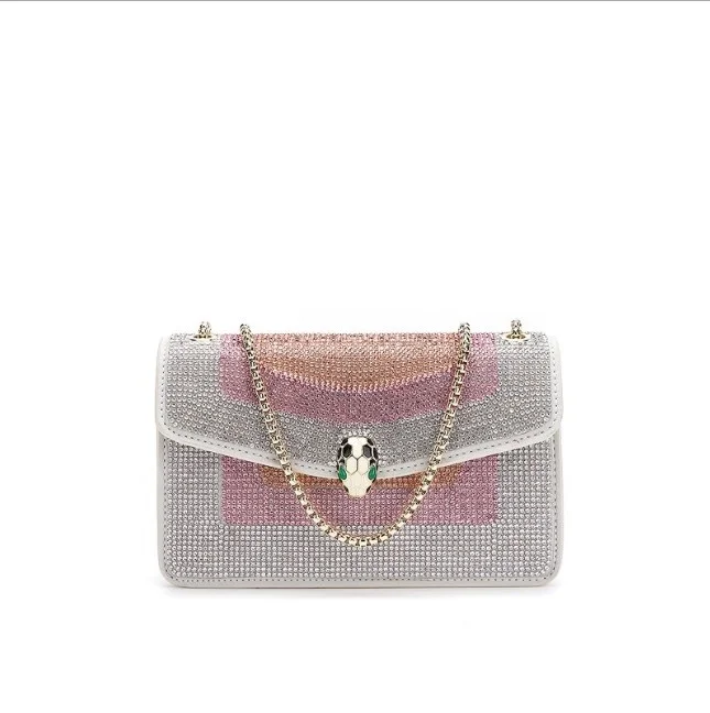 

210116# mini Hot sale fashion shiny classic flap bags all over with reinstones snake head accessories bling cross body hand bags
