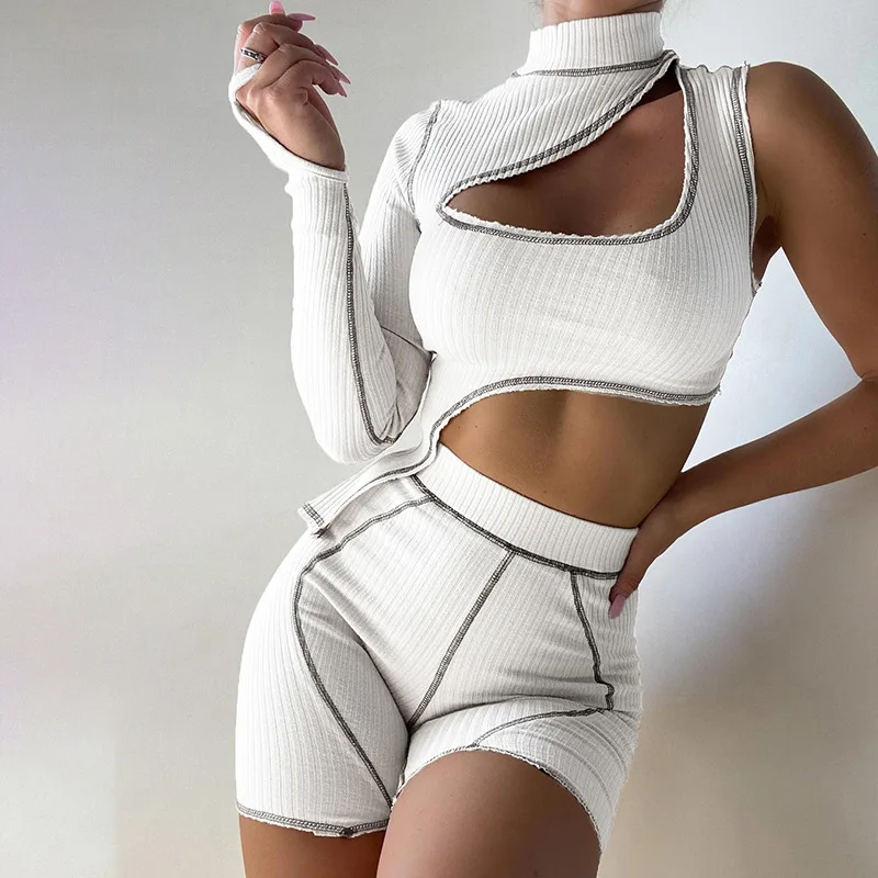 

Fall Knitted Sexy Two Piece Set Women Irregular Hollow Out Line One Shoulder Long Sleeve Tops And Shorts Streetwear B1917