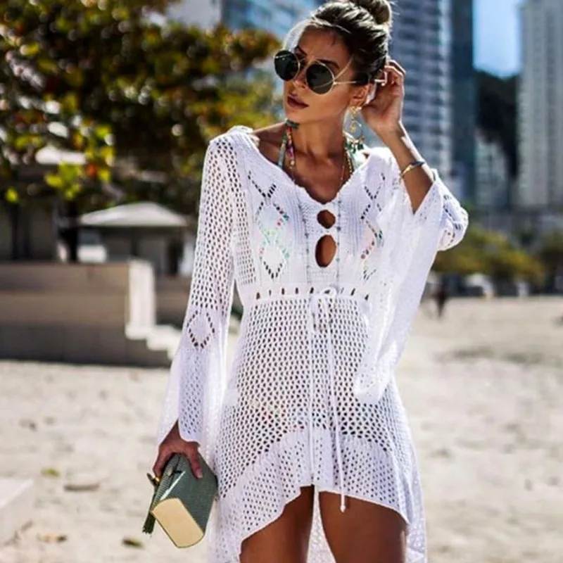 

Lskj071 Hollow Sunscreen Shirt Trumpet Sleeve Beach Blouse Ladies Bathing Swimming Wear Blouse Crochet Bikini