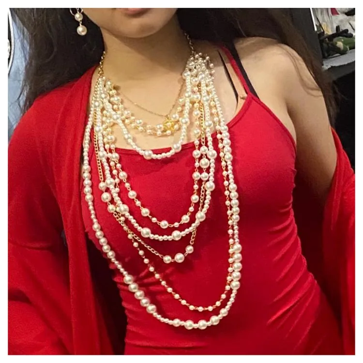 

ROMANTIC New Fashion women Multi layer pearls Necklace earring set Pearls wedding jewelry set