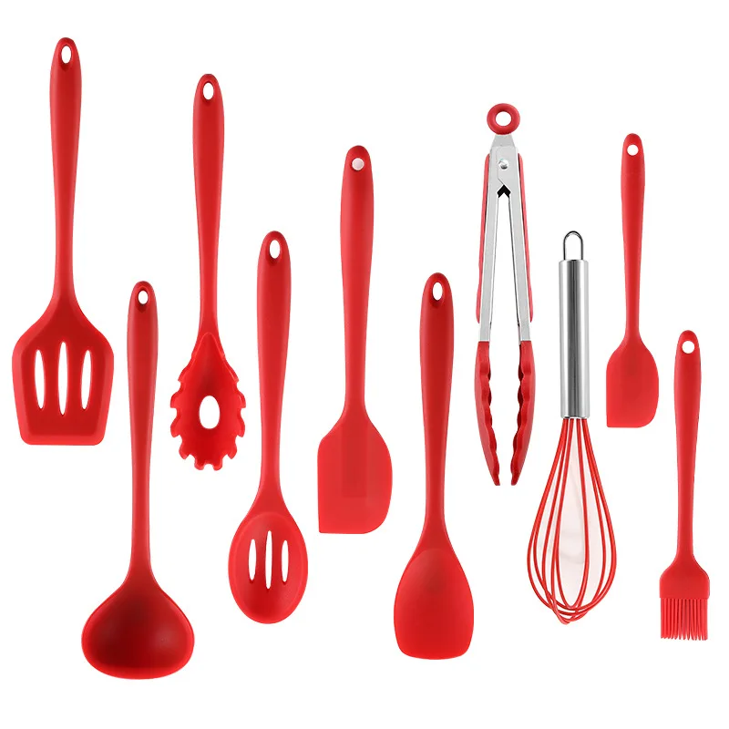 

Factory direct sale high-quality silicone kitchenware 11-piece non-stick cooking spatula with storage bucket, Red black