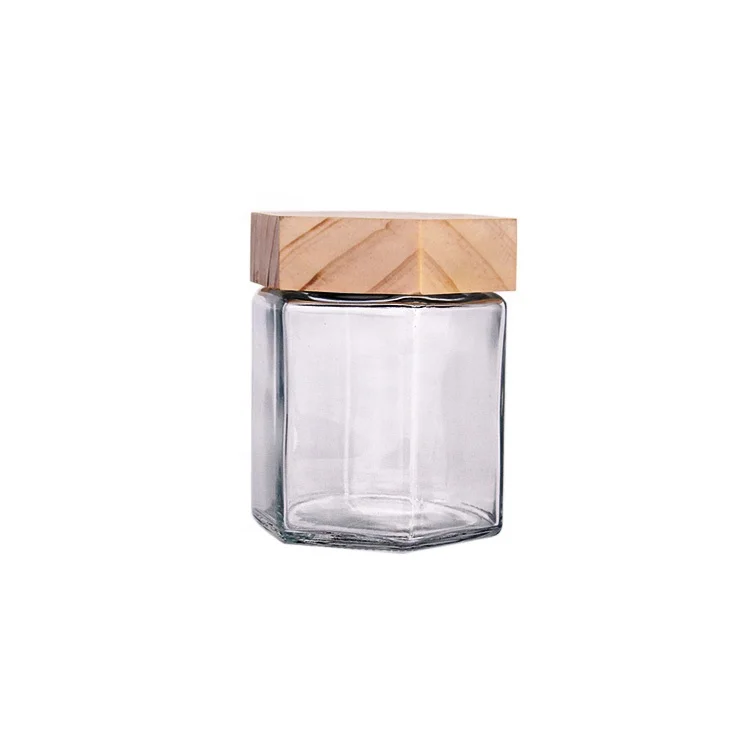 

385ml empty glass packaging bottle with wooden lid for honey hexagon honey jar honey container
