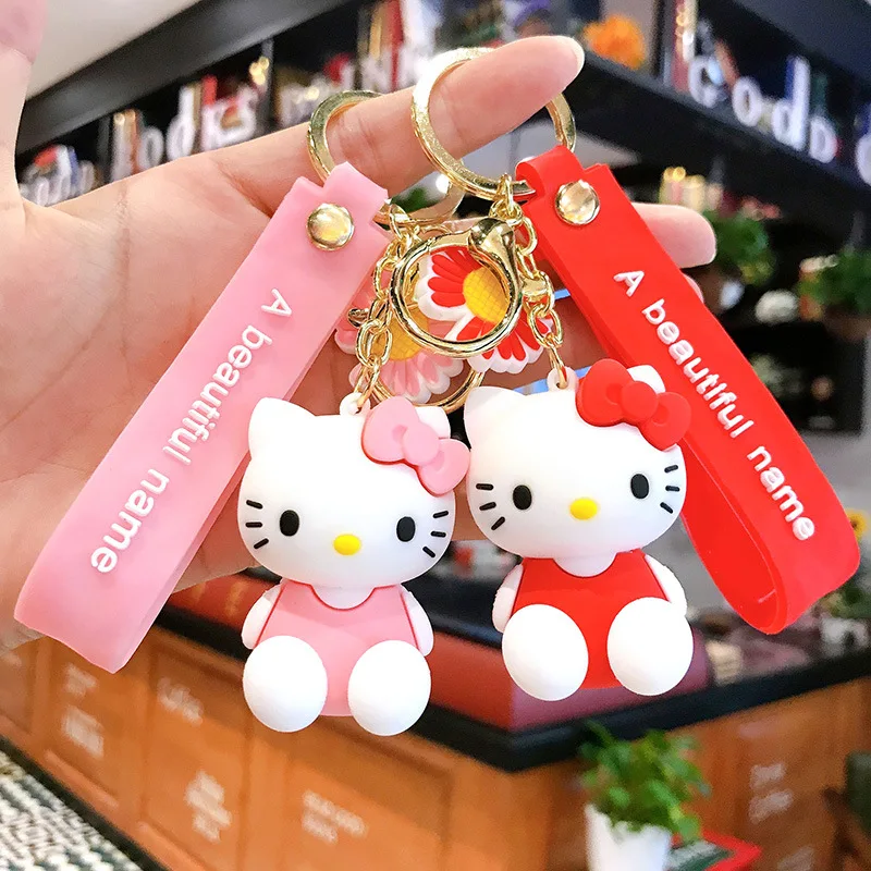 Custom Cute Cartoon 3d Hello Kitty Keychain With Wrist Strap Car