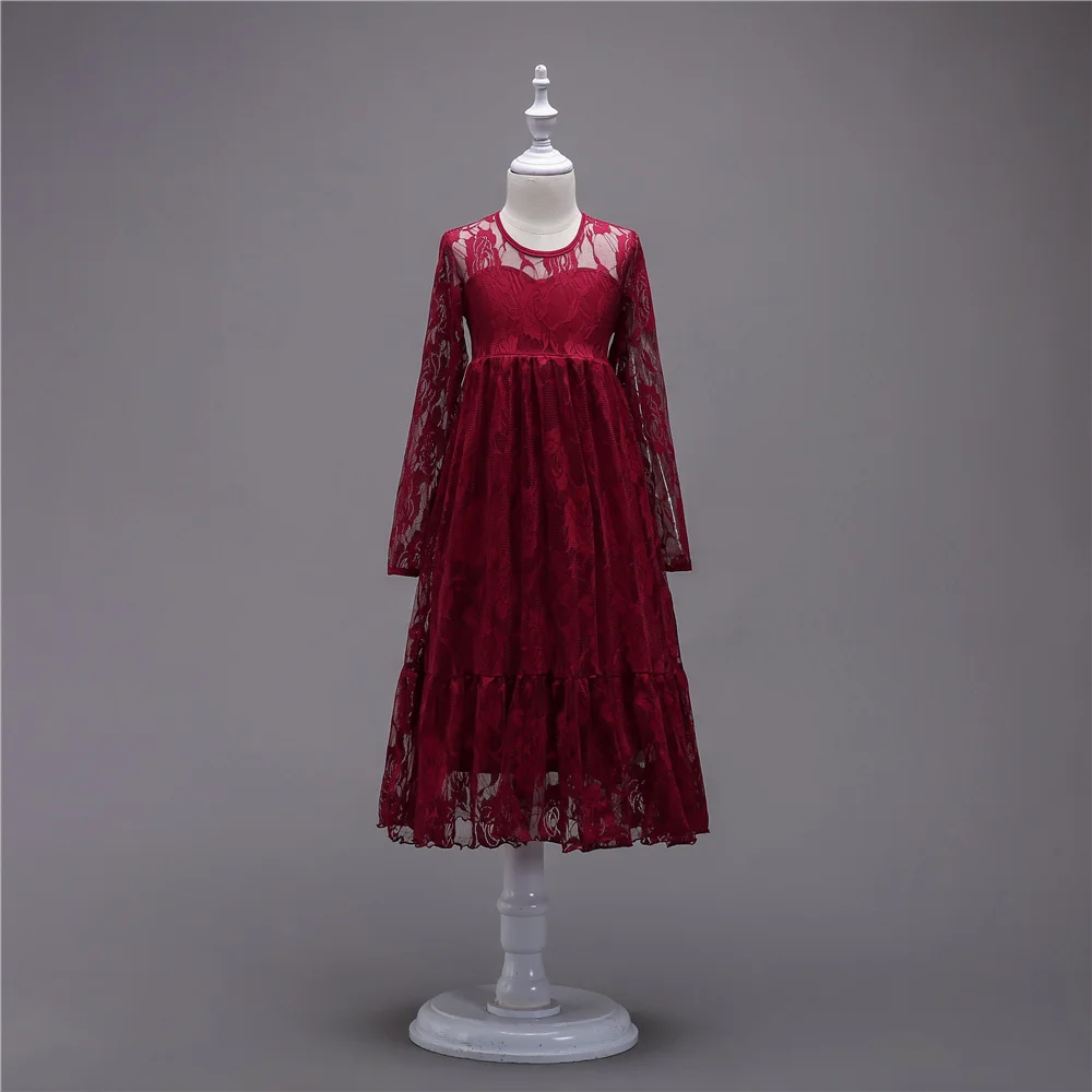 

European style elegant long dress for kids girl wedding flower bridesmaids drees red hollow out Long sleeve girls birthday dress