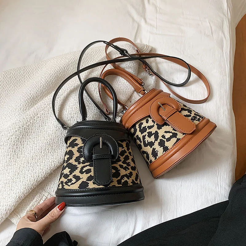 

High Quality Fashion Leopard Bag Handbag Women PU Leather Small Female Shoulder Purse Bucket Hand Bags Ladies