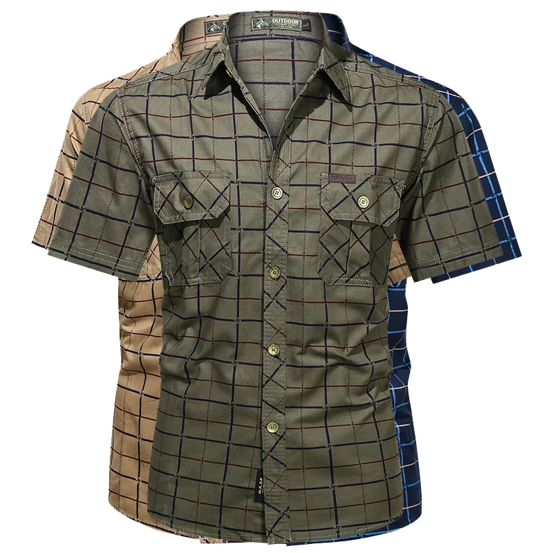 

New Stylish Vintage Dark Green Quick Dry Short Sleeve 100% Cotton Check Shirts