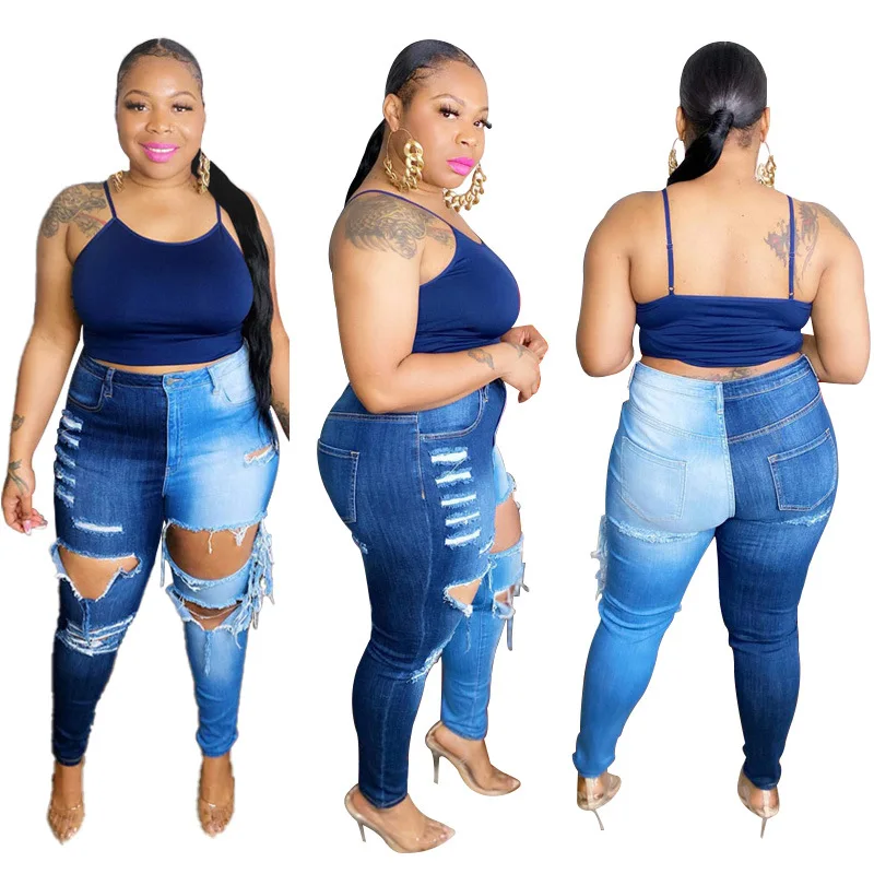 

Fall cute sexy denim high waist hole skinny ripped ladies plus size stylish pants y2k fat womans jeans
