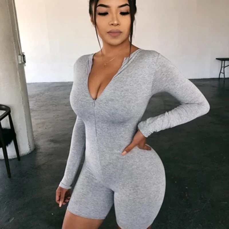 

Aselnn new arrival sexy plain zipper plain hollow out women's jumpsuits cotton long sleeve ladies black grey bodysuit cheap