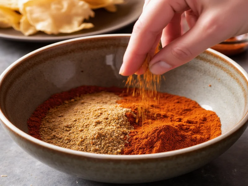 Hand mixing taco seasoning spices in ceramic bowl