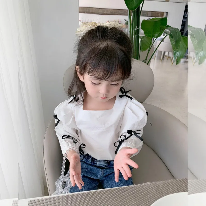

2021 new style 3-8 years kids Bow clothing girls long sleeved t shirt