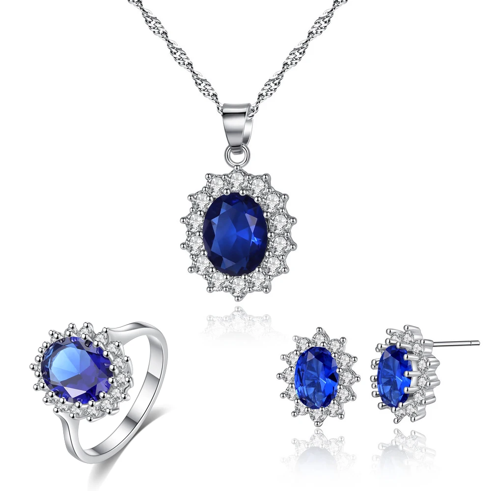 

HPXmas Luxury Blue Zircon Ring Necklace And Earrings Jewelry Sets For Women And Girls Engagement Jewelry