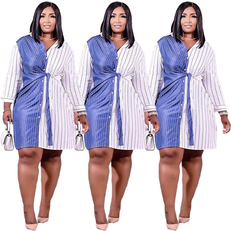 

Autumn Plus Size Shirt Dress for Fat XL-5XL Women Clothing Striped Patchwork Plus Size Dresses Summer Clothing