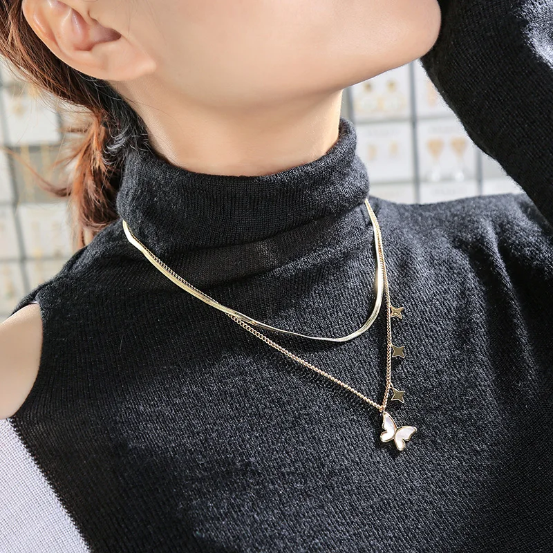 

x0211 Butterfly Shell Charm Layer Chains Necklace Snake Brass Gold Plated Long Necklace