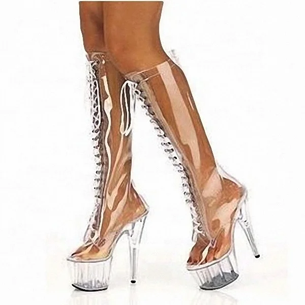 

15cm transparent crystal bottom high boots pvc transparent vamp sexy dance catwalk model big size boots, Red