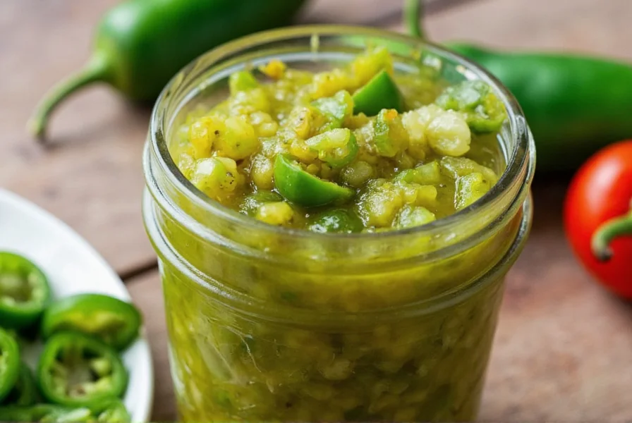 Close-up of homemade jalapeño pepper relish in mason jar with fresh ingredients