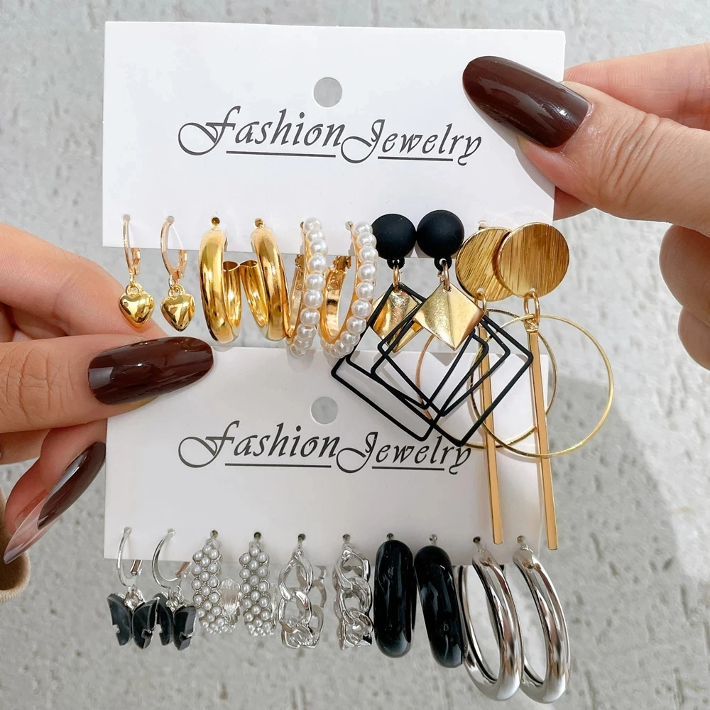 

Fashion Geometric Butterfly Heart Snake Drop Earrings Pearl Acrylic Resin Hoop Earrings Set For Women Jewelry