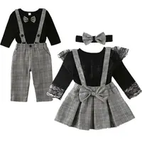 

1-6Y Toddler Kid Girl Baby Clothes Set Black Long Sleeve Lace T shirt Tops + Plaid Ruffles Skirts Overalls Spring Girl Costumes