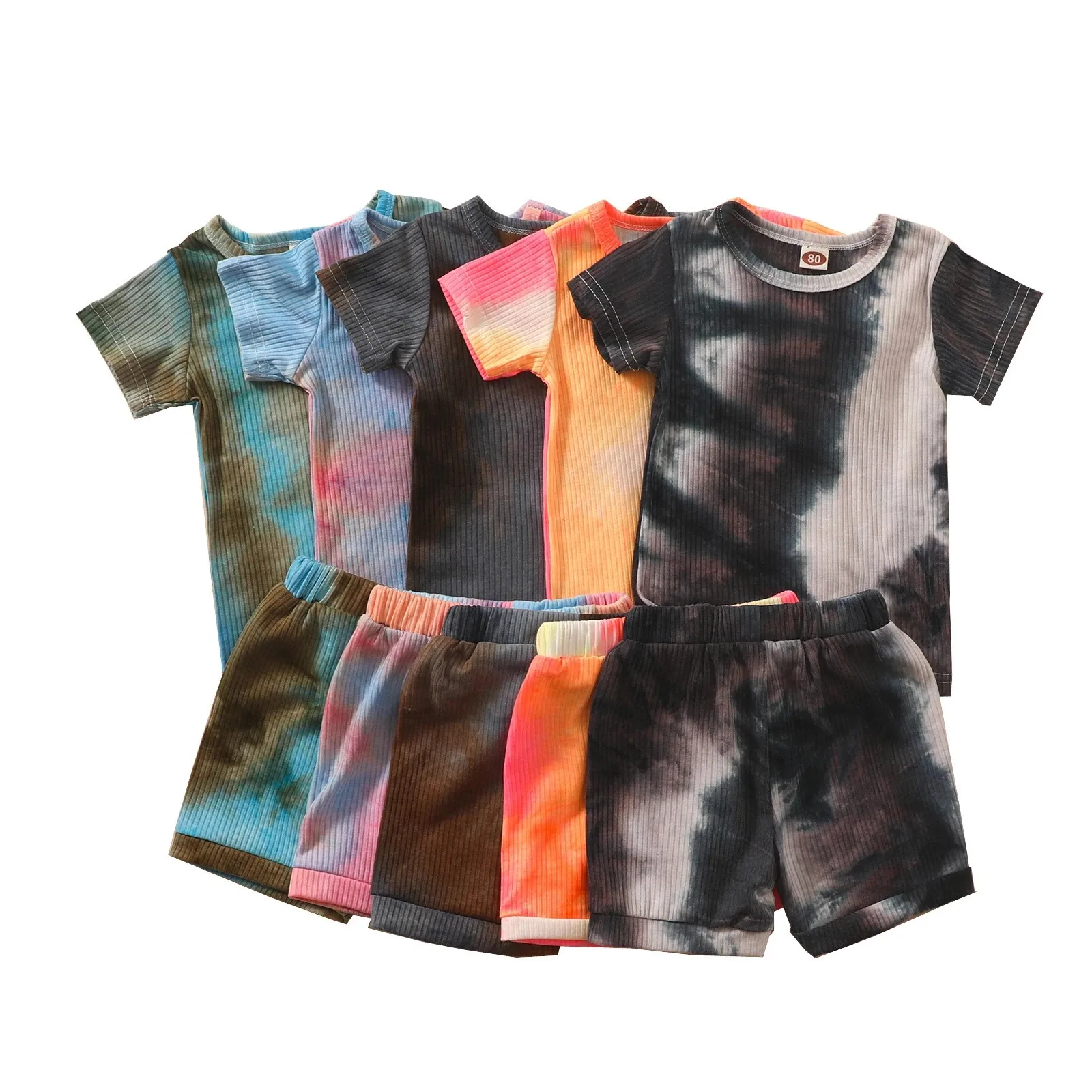

Hot sale summer new children clothes ribbed tie dye short sleeve top shorts 2 pieces kids girls and boys clothing set, As picture show