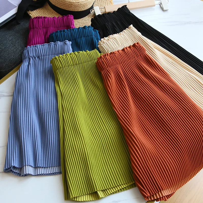 

2021 New Fashion Women Girls Pleated Shorts Summer Solid Color High Waist Black Loose Wide-leg Slim Outdoor Casual Pants