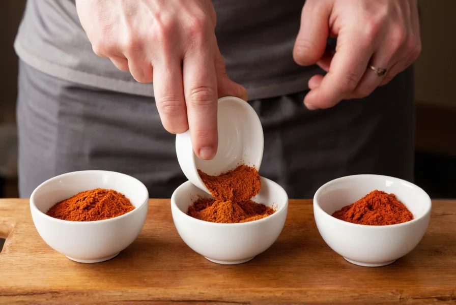 Professional chef measuring chili powder, cumin, and smoked paprika in small bowls for homemade chili seasoning blend