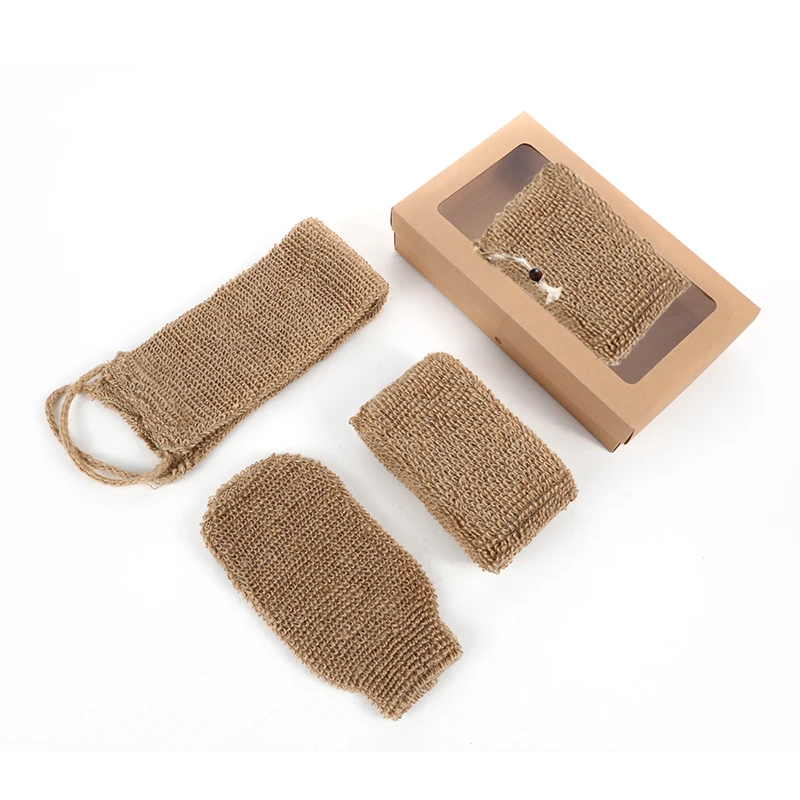 

Promotional paper box gift set with 5pcs jute bath accessory set jute glove/jute belt/jute soap bag spa set Bath Gift Set, Brown