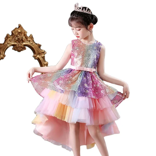 

Girls' trailing rainbow dress 2021 spring and summer new children's high and low dress for Children's Day