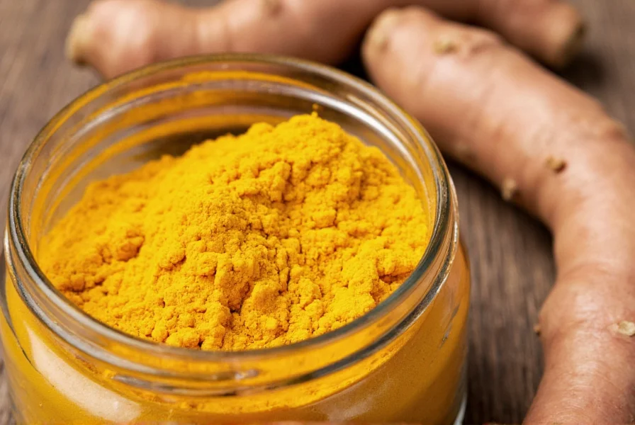 Close-up of golden turmeric powder in a glass jar next to fresh turmeric root