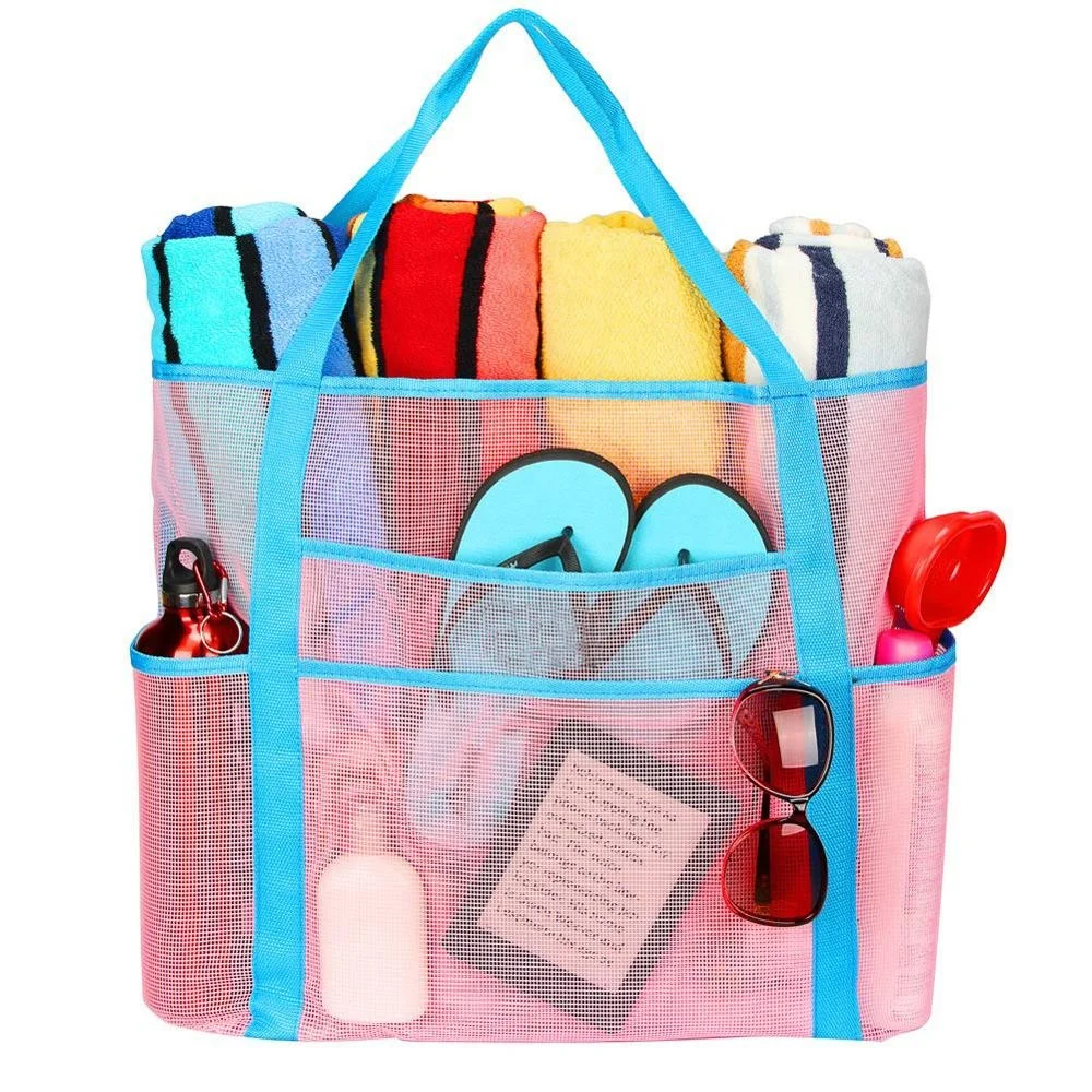 

Custom Mesh Beach Bag Toy Tote Bag Grocery Storage Net Bag Oversized Big XL with Pockets Foldable Lightweight for Family Pool