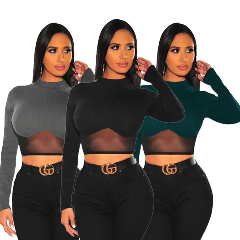 

Mock Neck Mesh Spliced Long Sleeve Crop Top Women, Gray, black,green