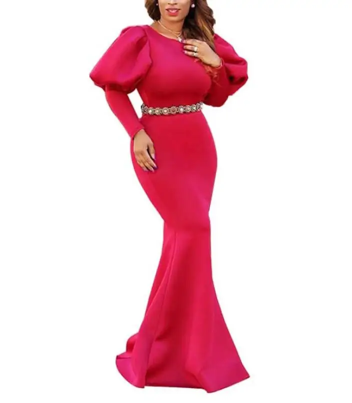 2019 Maxi Mermaid Night Party Wear Long Puff Sleeves Red Blue Classy Evening Dress Women