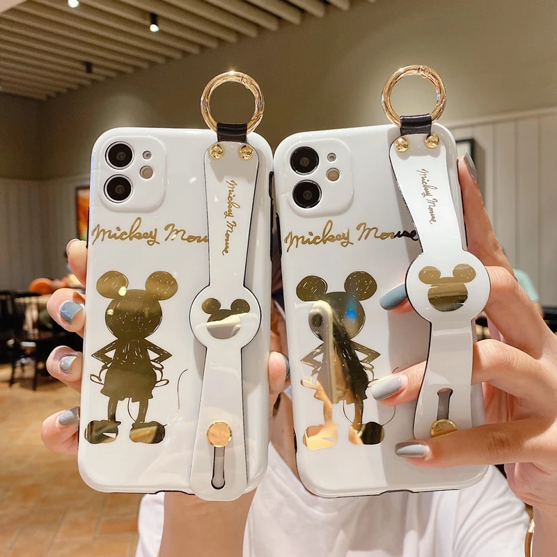 

2021 New Mickey Minnie Mouse Phone case For Iphone 11 12 Pro max 7 8 Plus XR XS 12mini Cute cartoon Wristband Stand Back Cover