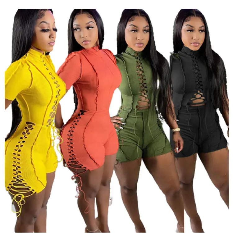

Fashion Short Jumpsuits Women Hot Night Clubwear Bodycon Soild Color Playsuit Lace Up One Piece Rompers Bodysuit, As picture