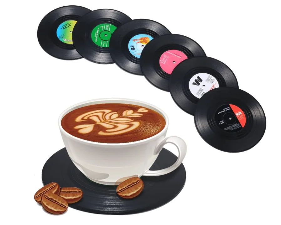 

Vinyl record coaster 6pcs one set ABS record cup mat with silicone non-slip ring customs CD coaster