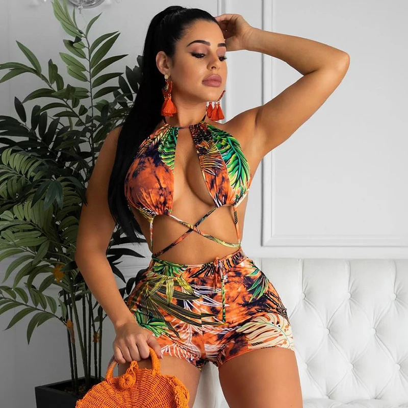 

new arrival summer leaf print beach bandage sexy bikini romper jumpsuit for women