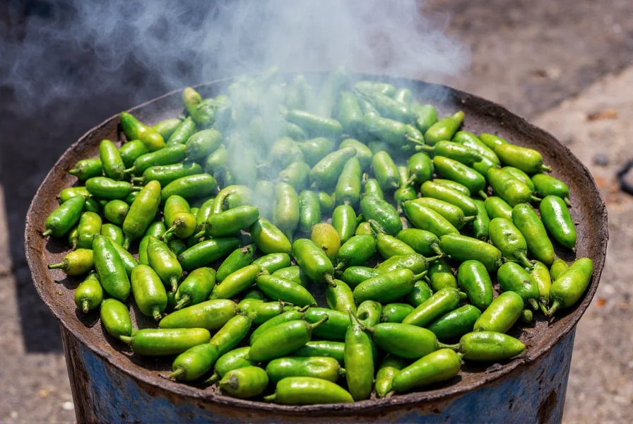 Fresh green Hatch chilies roasting in a metal drum with smoke rising, New Mexico roadside scene