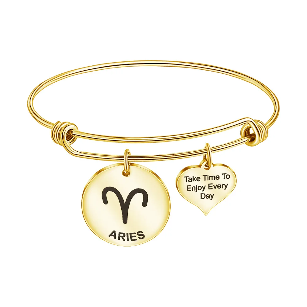 

Zodiac Sign Bangle Bracelet Stainless Steel Simple Design Coin Zodiac With Birthstone Bracelet Birthday Gift Women, Gold/silver