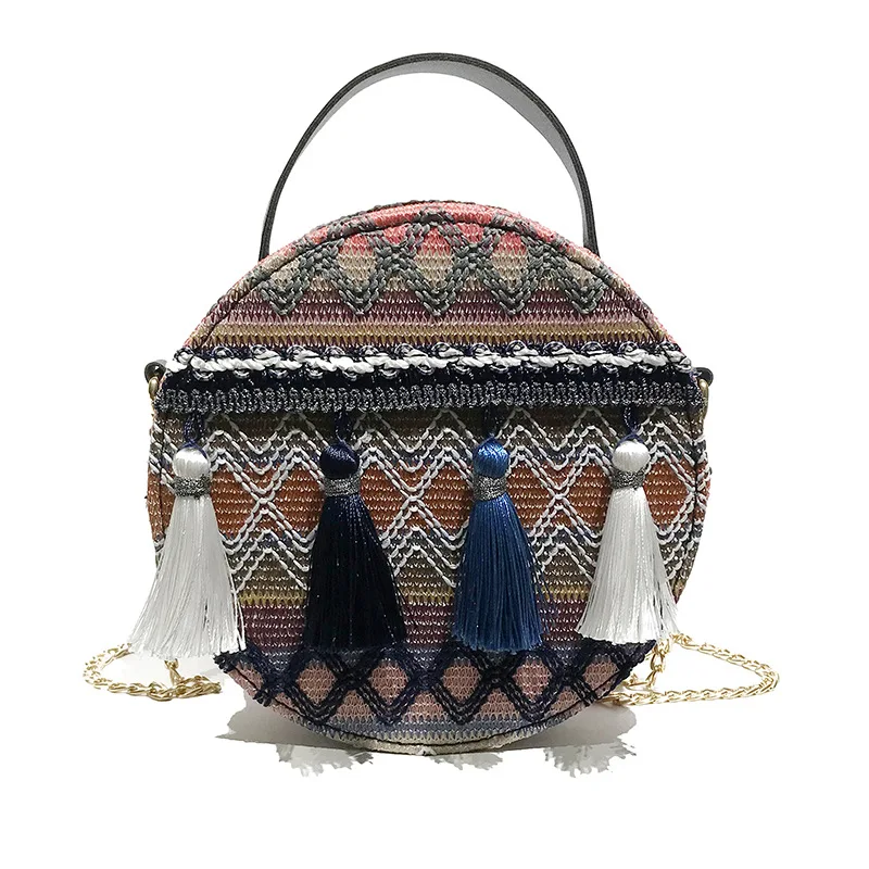 

2020 New Women Fashion Round Purse Ethnic Bohemian Tassel Crossbody Bag Lady Chic PU Leather Chain Handbag