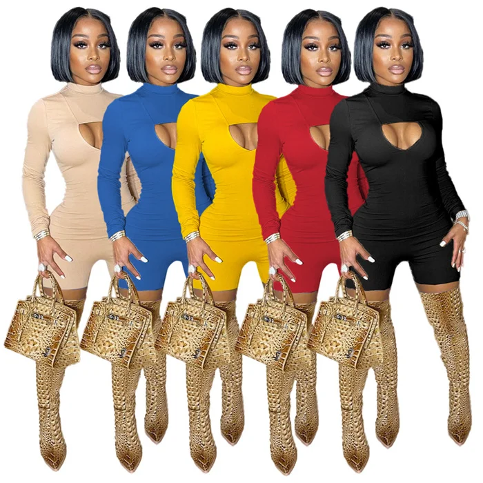 

New arrivals sexy bodysuit cut out romper shorts jumpsuit solid color jumpsuit women 2021 autumn one piece set, 7 colors